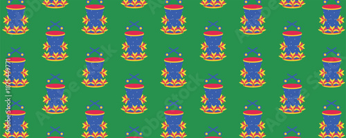 Carnival festival seamless pattern with drum and feathers on green background, Brazilian carnival, Mardi Gras