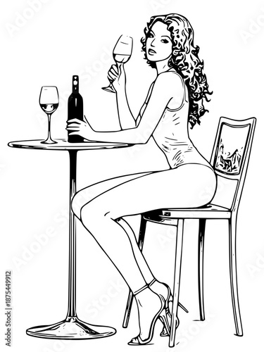 A woman in lingerie sitting at a small table with wine glasses