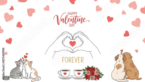 Valentine's Day celebration with loving pets and romantic symbols