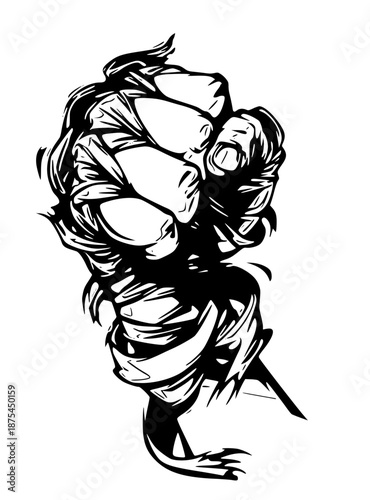 A black and white vector illustration of a clenched fist with flowing hair