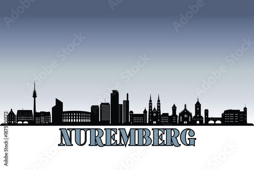 Global city Nuremberg shown in a detailed vector skyline with grey rainy sky