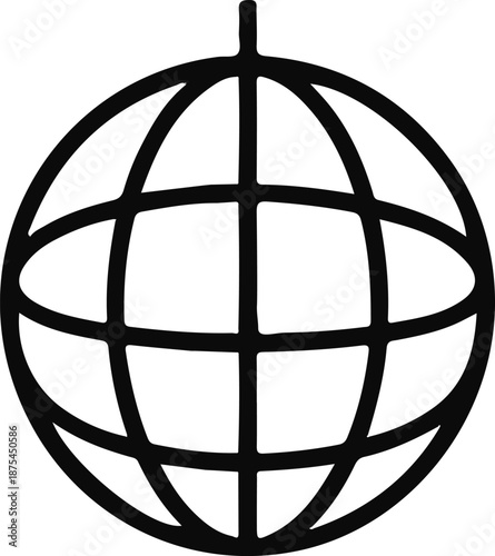 Globe Outline World Internet Icon, Black outline icon of a globe with latitude and longitude lines, representing global connection, internet network, worldwide communication, and international digita

