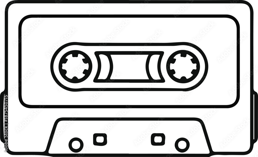 Fototapeta premium Cassette Tape Outline Audio Icon, Black outline icon of an audio cassette tape, representing analog music playback, sound recording, retro media formats, and classic audio technology.