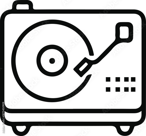 Turntable Outline Vinyl Record Player Icon, Black outline icon of a vinyl record turntable with tonearm, representing music playback, DJ culture, analog audio, and retro sound technology.

