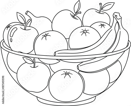 Simple black and white outline drawing depicting a generous assortment of fresh fruits contained within a classic clear glass bowl illustration.