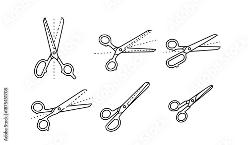 Black Scissors Vector Icon Set with Cut Lines in Flat Style for Web and UI