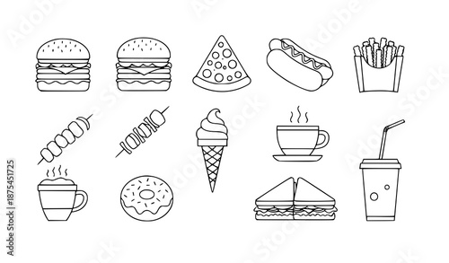 Minimalist Fast Food Vector Icons Set in Line Style for Web and App Design