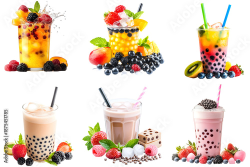 Set of colorful bubble tea and fruit smoothies with boba pearls and fresh berries on transparent background