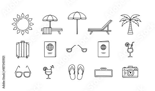Playful Summer Vacation Icon Vector Set in Line Style for Travel, Beach, and Tourism