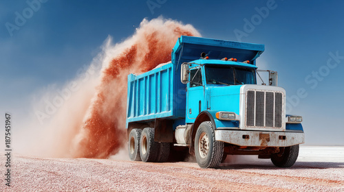 A heavy dump truck unloadin...