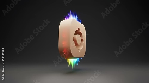 Floating settings gear icon with rainbow neon glow animation.
