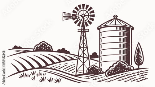 Rustic farm landscape with windmill and silo in countryside