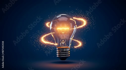 Glowing light bulb with swirling energy trails.