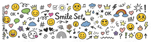 Smile emoji doodle faces, happy emoticon expressions, cheerful cartoon vector icons, playful hand-drawn faces, joyful mood collection on transparent background