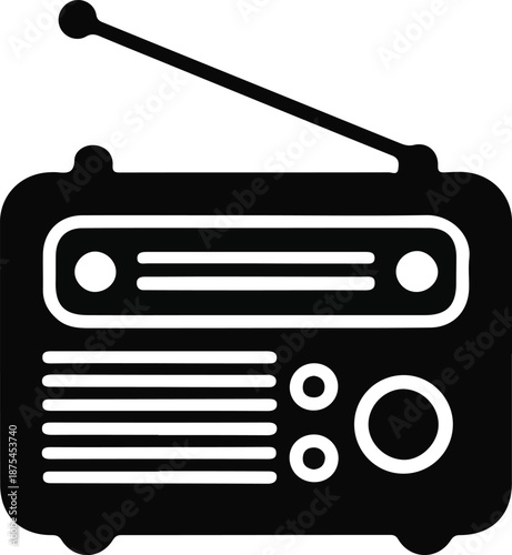 Portable Radio Broadcast Receiver Icon, Black silhouette icon of a portable radio with antenna and controls, symbolizing audio broadcasting, news listening, music, and classic communication technolog
