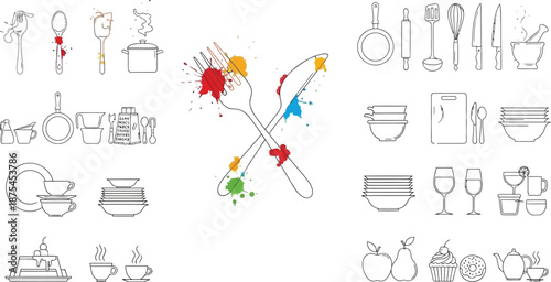 Collection of outline kitchenware and cutlery icons featuring various cooking utensils dishware and food illustrations with colorful paint splatters