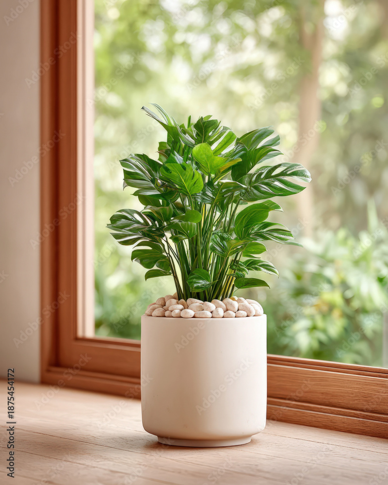 Fototapeta premium Lifestyle blog photography, beautiful zen aesthetic. A healthy Monstera deliciosa in a minimalist white ceramic pot. 