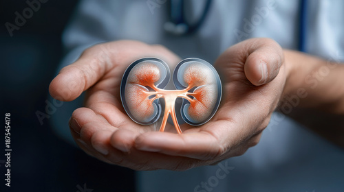 Doctor hands cradle a detailed graphic of healthy human kidneys, symbolizing organ donation, life saving transplantation, expert renal care, and advances in nephrology and urology
