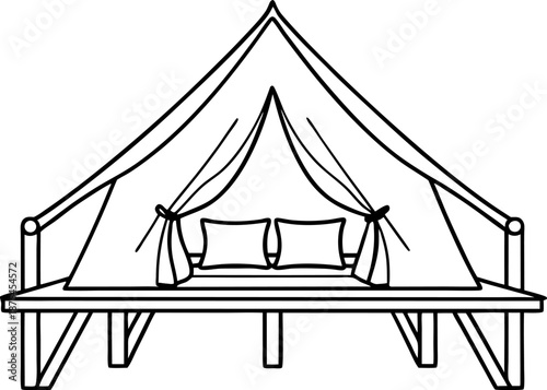 Elevated camping tent with cushions, outdoor glamping shelter on wooden platform