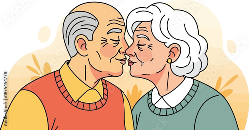 Loving elderly couple about to kiss, illustration of senior romance and affection
