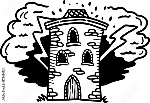 Old medieval tower struck by lightning with stormy clouds and trees in background