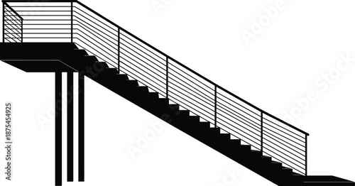 Black Silhouette of Modern Industrial Metal Staircase with Handrail Balustrade and Upper Landing Platform Isolated on White Background Vector Design Illustration