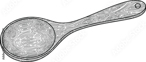 Detailed black and white line art illustration of a decorative wooden spoon featuring intricate swirling grain patterns and subtle floral motifs carved into the bowl.