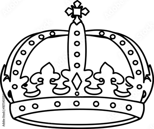 royal crown outline drawing with decorative elements and cross on top, symbol of monarchy and authority