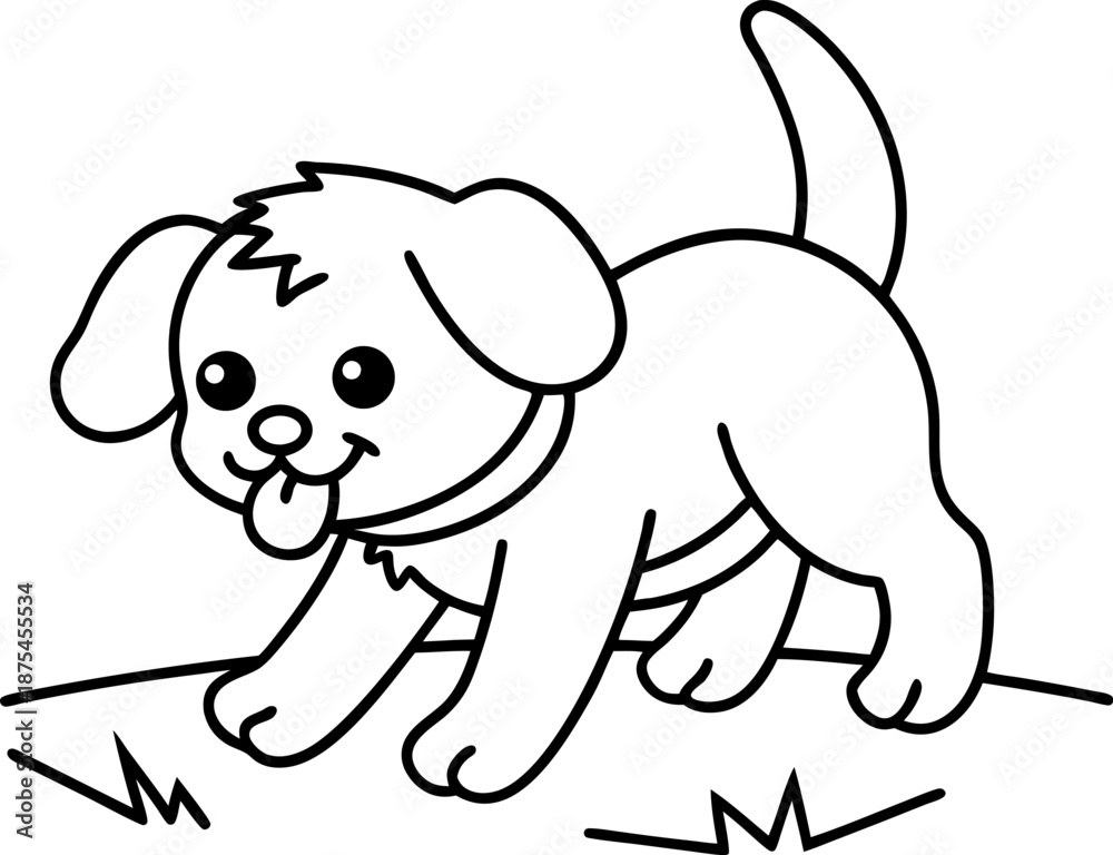 Obraz premium playful puppy walking on grass with tongue out and wagging tail