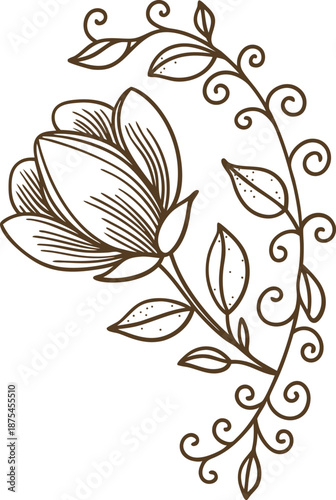 Stylized floral design with blooming flower and decorative swirling leaves outline