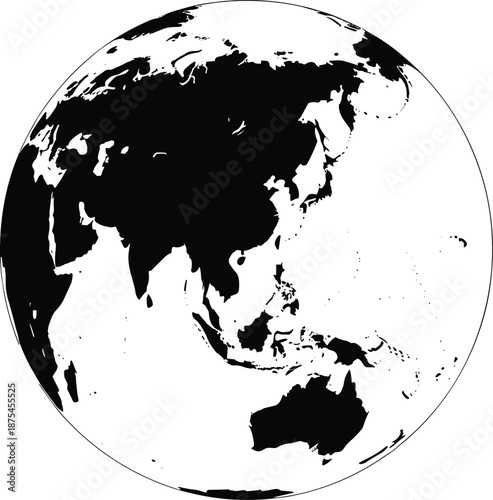 Black and White Globe Silhouette, Eastern Hemisphere World Map Showing Asia and Australia, Earth Planet Icon, Minimalist Global Geography Vector Illustration, isolated