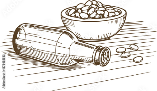 Medicine bottle with pills scattered next to bowl filled with capsules or tablets on table