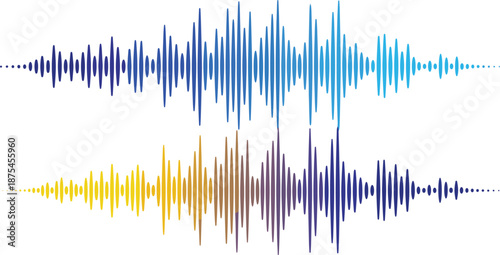 Blue and yellow colorful sound wave frequency equalizer set for audio music podcast cad drawing flat vector illustration digital icons