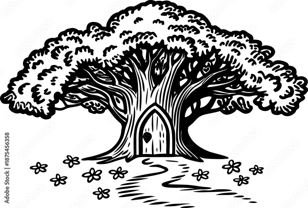 Fototapeta premium Whimsical large tree with door entrance and pathway surrounded by flowers illustration