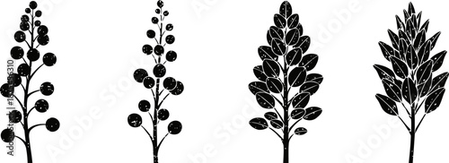 four black silhouettes of leafy botanical branches with berries and clustered leaves
