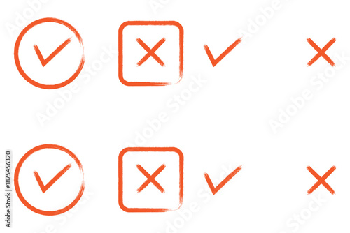 Brush, marker drawn check mark and cross icon set Collection of hand drawn drawn tick symbol, chalk checkmark illustration. Check mark grunge icon set. Hand drawn check tick mark icon set. x marks set