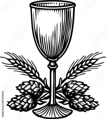 Wine glass with barley and hop cones vintage brewery emblem, alcoholic beverage illustration for craft beer branding and label design