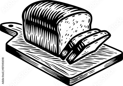 Loaf of bread sliced on wooden cutting board, bakery food illustration