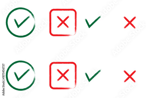 Brush, marker drawn check mark and cross icon set Collection of hand drawn drawn tick symbol, chalk checkmark illustration. Check mark grunge icon set. Hand drawn check tick mark icon set. x marks set