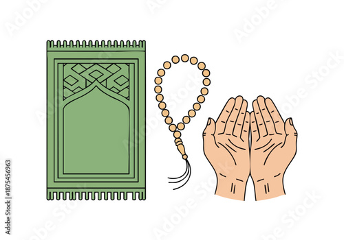 Illustration of praying hands with a rosary and a green prayer mat on a white background.