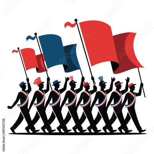 Vibrant group of people marching with colorful flags in rhythmic celebration