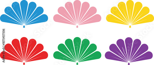 Colorful peacock feather fan icon set in six bright colors, flat vector illustration for decoration, branding, logos, and creative graphic design use
