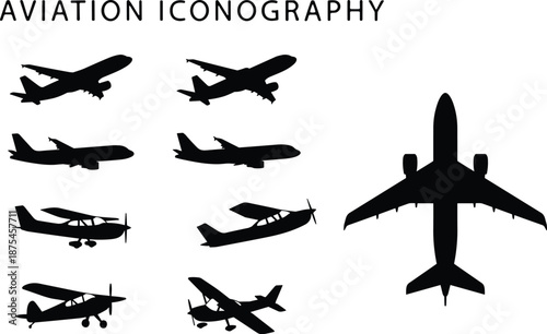 Aviation aircraft silhouettes icon set showing passenger jets and small airplanes, airplane top and side views for transport, travel and aviation design use