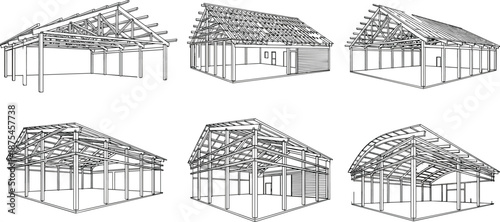 Collection of architectural building frame sketches showing construction structures with roof trusses in perspective view for engineering design projects vector.