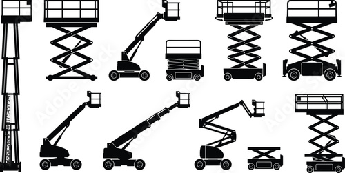Aerial work platforms silhouettes set including scissor lifts, boom lifts, and cherry pickers for construction, maintenance, and industrial access equipment