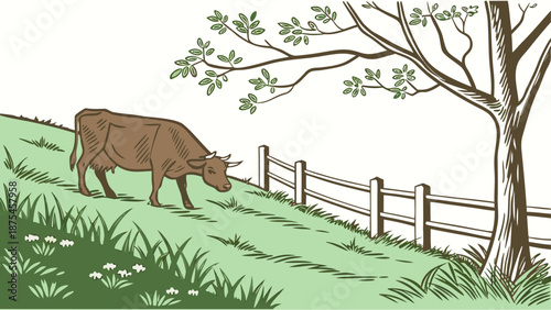 Serene cow grazing in lush green meadow with wooden fence