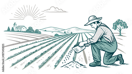 Farmer planting seeds in fertile field at sunrise