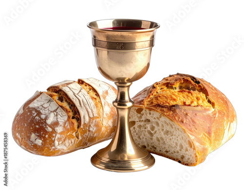 A golden chalice filled with red liquid, accompanied by two loaves of bread against a black backdrop