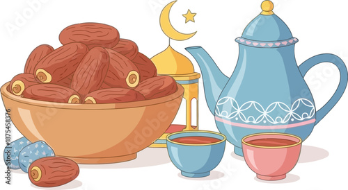 Ramadan Islamic Iftar Setup with Dates Tea and Decorative Elements for Celebration