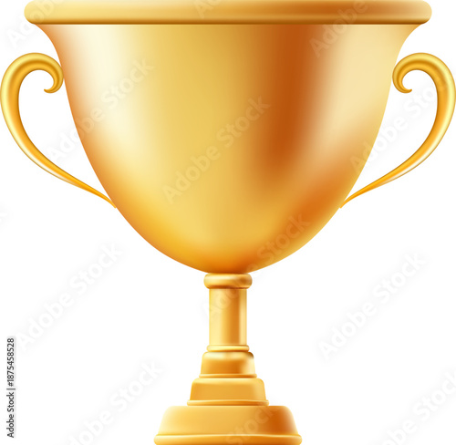 3D Gold Award Cup. Winner trophy. Award ceremony for best result in contest, sport or competition. Prize for first place in championship, success in tournament.
